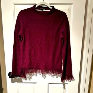 Cabernet Fringe Hem & Sleeve Cashmere Sweater with Mock Neck by Aqua Size MEDIUM